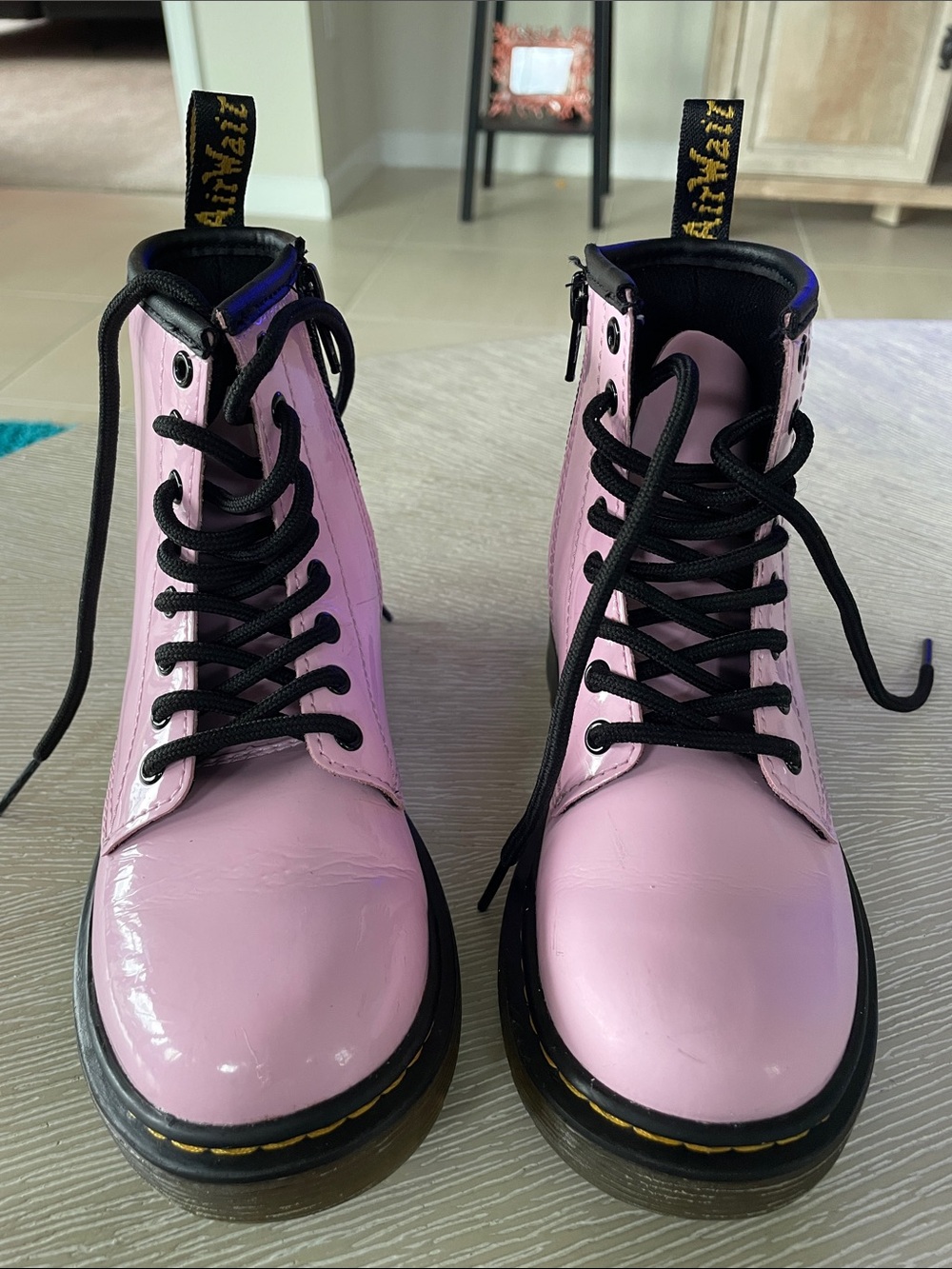 Dr. Martens 1460 J Pink Patent Leather Lace Up Side Zip Combat Boots US 13 UK 12